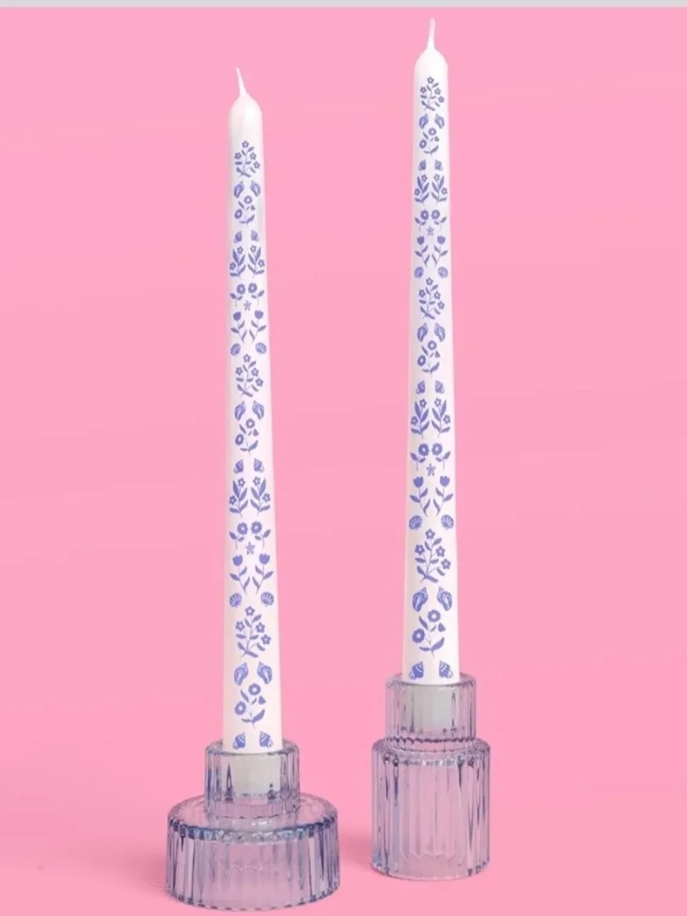 Fetti Blue Coastal Taper Candles Set of 2 White Floral Nautical Beach Decor